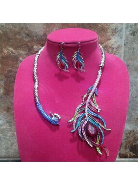 Peacock Rhinestone Statement Necklace Earrings Set Gunmetal Multicolor Feather J